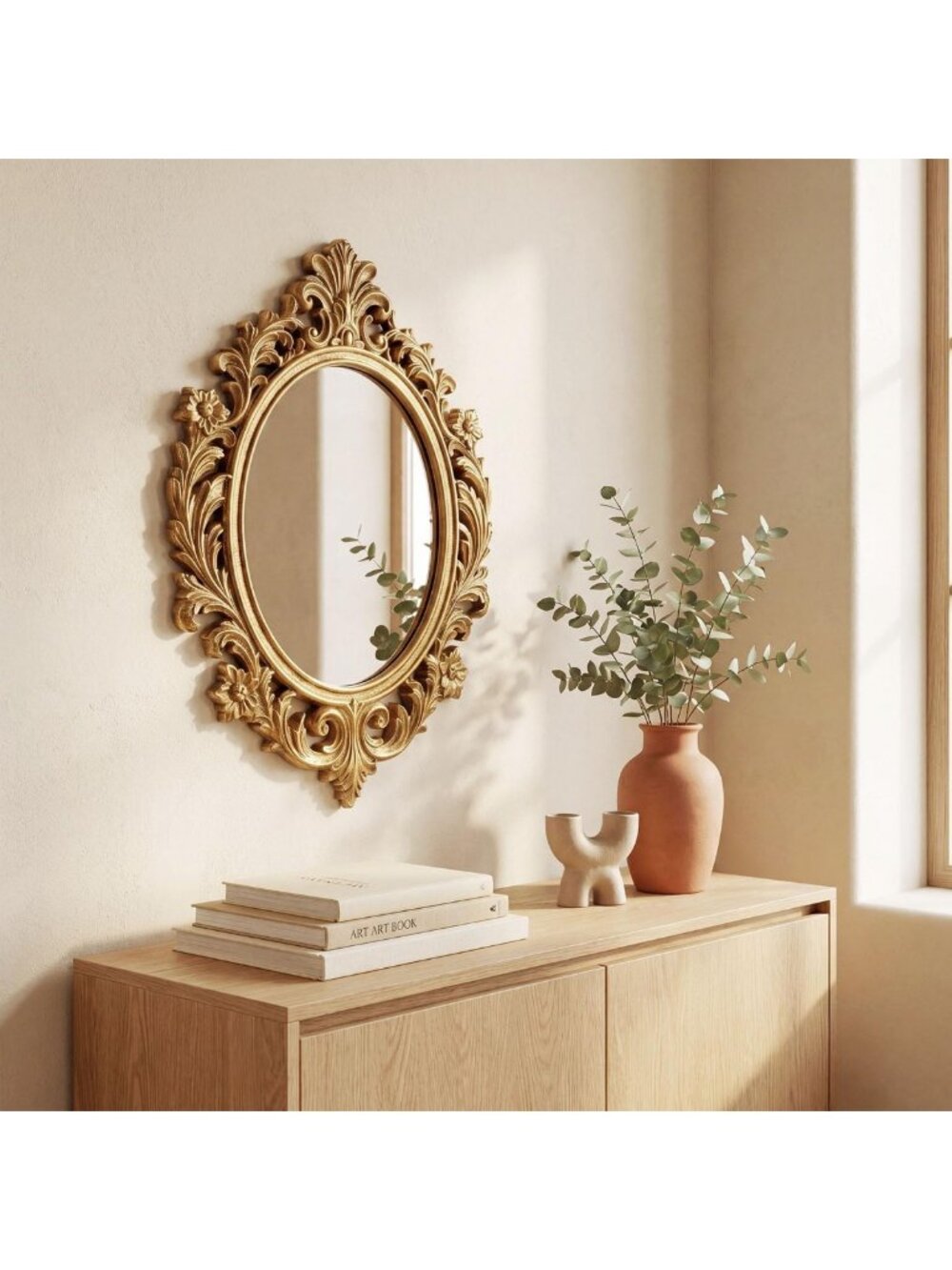 Vintage Baroque Oval Wall Mirror, Decorative Carved Frame, 22x15.8 Inch Home